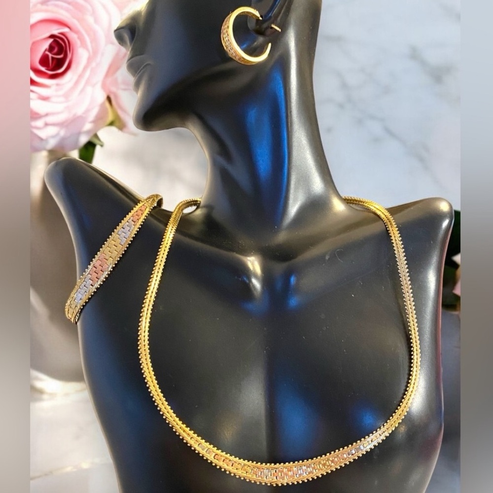 Vintage 14K Solid Tri-Color Gold Graduated NECKLACE, BRACELET and EARRING Set!